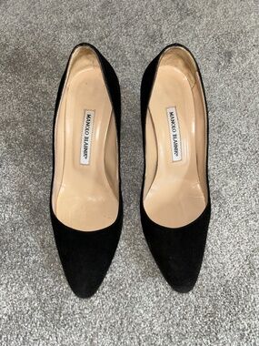 Manolo Blahnik Lisaqua Black Suede Square Heel Pump, 70mm